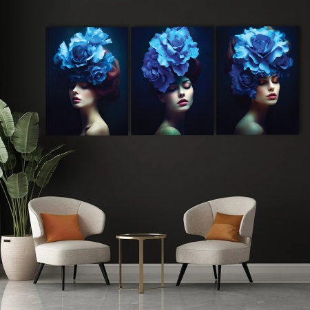 Set 3 Tablouri Canvas "Blue flowers ladies" - Femei cu flori albastre - Img 2