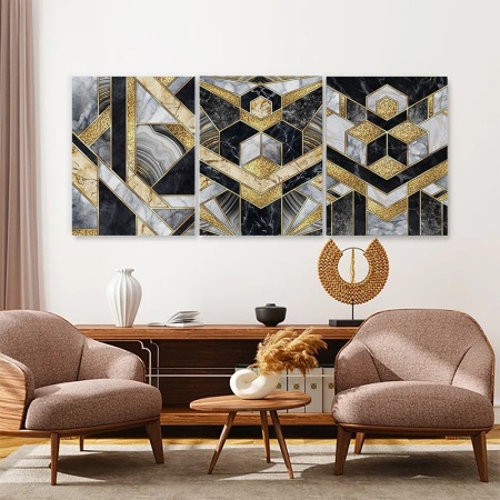 Set 3 Tablouri - Complex geometrical shapes with marble and gold - Img 2