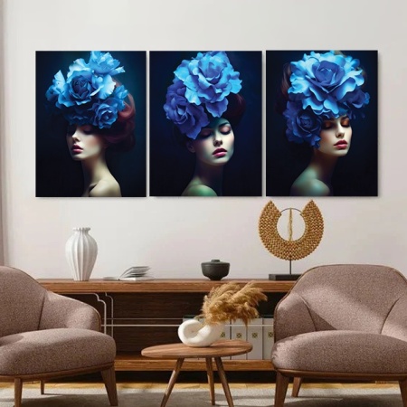 Set 3 Tablouri Canvas "Blue flowers ladies" - Femei cu flori albastre - Img 3