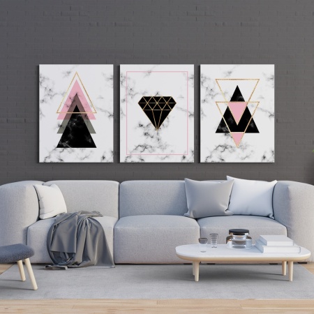 Set 3 Tablouri - Minimalist triangles on marble