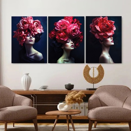 Set 3 Tablouri Canvas „Red Peony Ladies” - “Femei cu bujori roșii”
