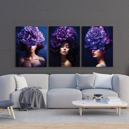 Set 3 Tablouri Canvas &quot;Lavander ladies&quot; - Femei cu flori violet - Img 2