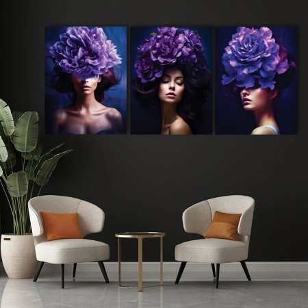 Set 3 Tablouri Canvas &quot;Lavander ladies&quot; - Femei cu flori violet - Img 3