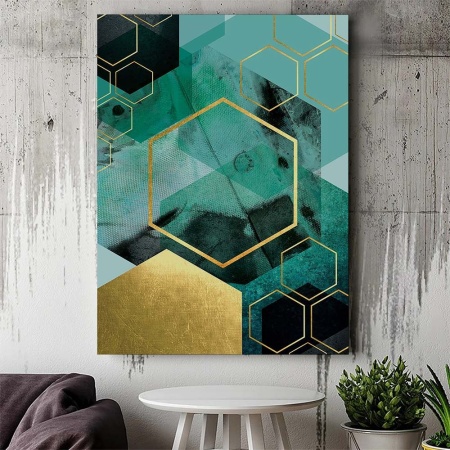 Tablou Canvas Modern Abstract - Green canvas texture and golden patches - Img 2