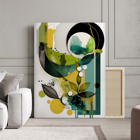 Tablou Canvas Modern Abstract - Green painting with leaves - Img 3