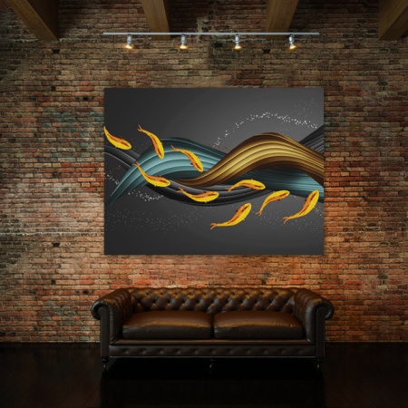 Tablou Canvas Golden Fishes And 3d Waves - Img 3
