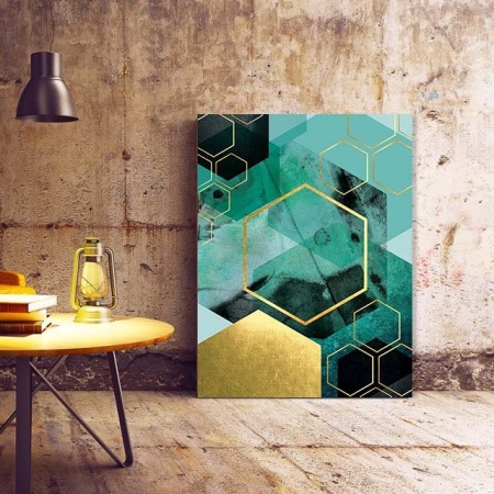Tablou Canvas Modern Abstract - Green canvas texture and golden patches - Img 3