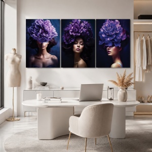Set 3 Tablouri Canvas "Lavander ladies" - Femei cu flori violet