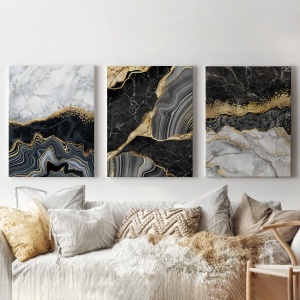 Set 3 Tablouri - Grey and black marble with golden stripes - Img 3