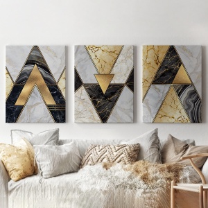 Set 3 Tablouri - Modern marble triangles with gold