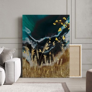 Tablou Canvas Modern Abstract - Golden field and ginseng leaves - Img 2