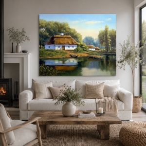 Tablou Canvas Efect Pictura - Casa Langa Lac