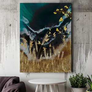 Tablou Canvas Modern Abstract - Golden field and ginseng leaves