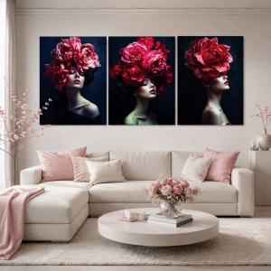 Set 3 Tablouri Canvas „Red Peony Ladies” - “Femei cu bujori roșii”