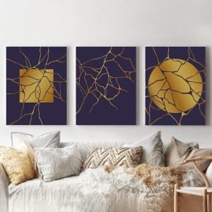 Set 3 Tablouri - Golden cracks on deep purple