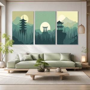 Set 3 Tablouri Blue japanese landscape
