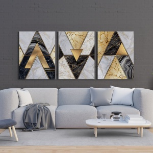 Set 3 Tablouri - Modern marble triangles with gold - Img 2