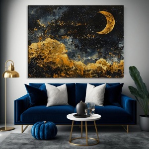 Tablou Canvas Modern Abstract - Painted golden clouds and moon - Img 2