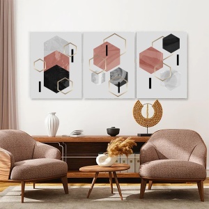 Set 3 Tablouri - Abstract hegones with pink and gold