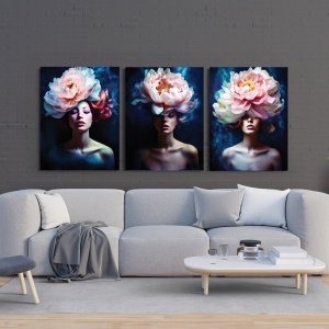 Set 3 Tablouri Canvas „Peony Ladies” - “Femei cu bujori”