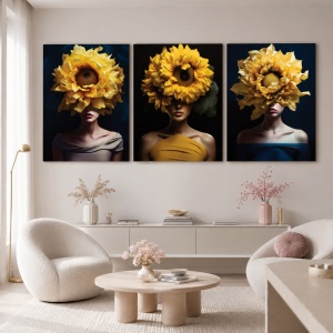 Set 3 Tablouri Canvas „Yellow Bloom Ladies” - Femei cu flori galbene