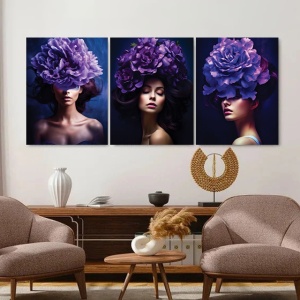 Set 3 Tablouri Canvas "Lavander ladies" - Femei cu flori violet