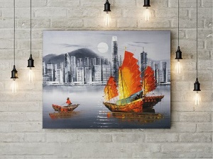 Tablou Canvas Barca Colorata Pe Rau In Oras
