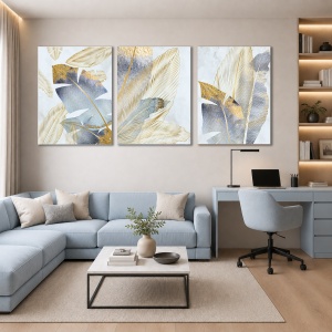 Set 3 Tablouri Golden leaves on blue background