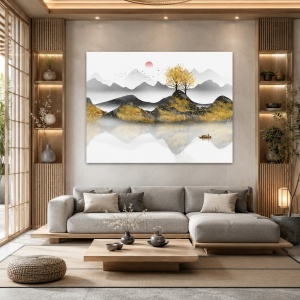 Tablou Canvas Red Sun Over The Misty Mountains