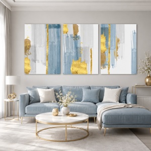 Set 3 Tablouri Blue strokes and golden shapes - Img 1