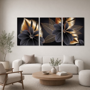Set Tablouri Canvas - Golden And Grey Exotic Flowers