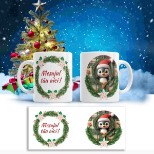 Cana De Craciun - Cute Penguin with Santa's Hat (mesaj personalizat)
