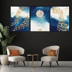 Set 3 Tablouri Canvas - Abstract ladcsape with golden shapes and waves - Img 3