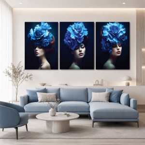 Set 3 Tablouri Canvas "Blue flowers ladies" - Femei cu flori albastre