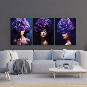 Set 3 Tablouri Canvas "Lavander ladies" - Femei cu flori violet - Img 2