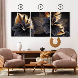 Set Tablouri Canvas - Golden And Grey Exotic Flowers - Img 3