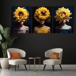 Set 3 Tablouri Canvas „Yellow Bloom Ladies” - Femei cu flori galbene