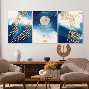 Set 3 Tablouri Canvas - Abstract ladcsape with golden shapes and waves - Img 4