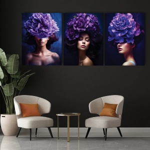 Set 3 Tablouri Canvas "Lavander ladies" - Femei cu flori violet - Img 3
