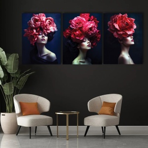 Set 3 Tablouri Canvas „Red Peony Ladies” - “Femei cu bujori roșii” - Img 2