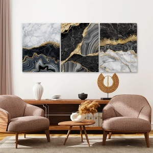 Set 3 Tablouri - Grey and black marble with golden stripes - Img 2