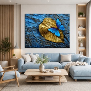 Tablou Canvas Blue Butterfly On A Golden Leaf