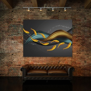 Tablou Canvas Golden Fishes And 3d Waves - Img 3