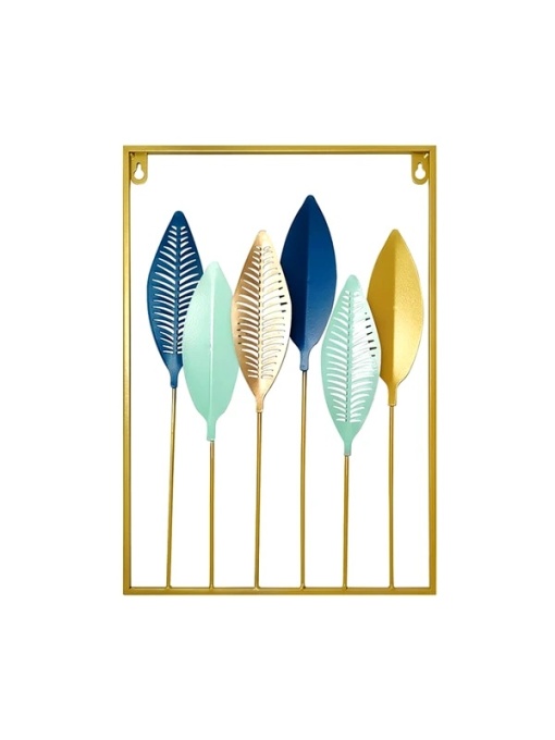 Tablou Decorativ Metal – 6 Frunze de Palmier Sago, Auriu și Albastru