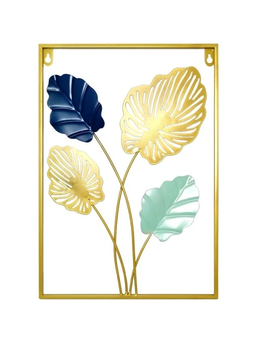 Tablou Decorativ Metal – 4 Frunze de Palmă, Auriu și Albastru