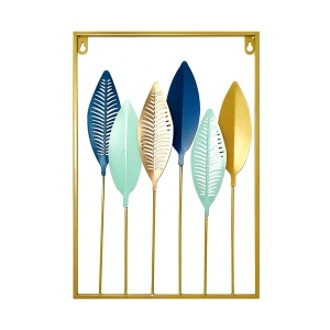 Tablou Decorativ Metal – 6 Frunze de Palmier Sago, Auriu și Albastru - Img 1