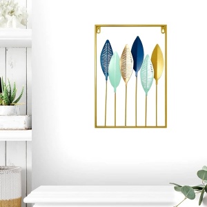 Tablou Decorativ Metal – 6 Frunze de Palmier Sago, Auriu și Albastru - Img 2