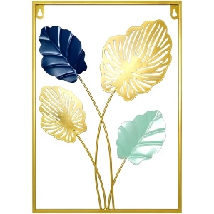 Tablou Decorativ Metal – 4 Frunze de Palmă, Auriu și Albastru - Img 1