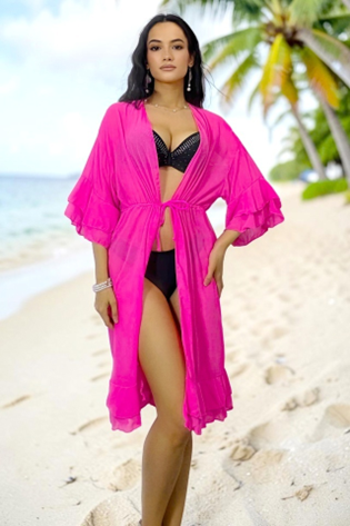 Cardigan midi de plajă fucsia Amber Muse cu volane și șnur reglabil