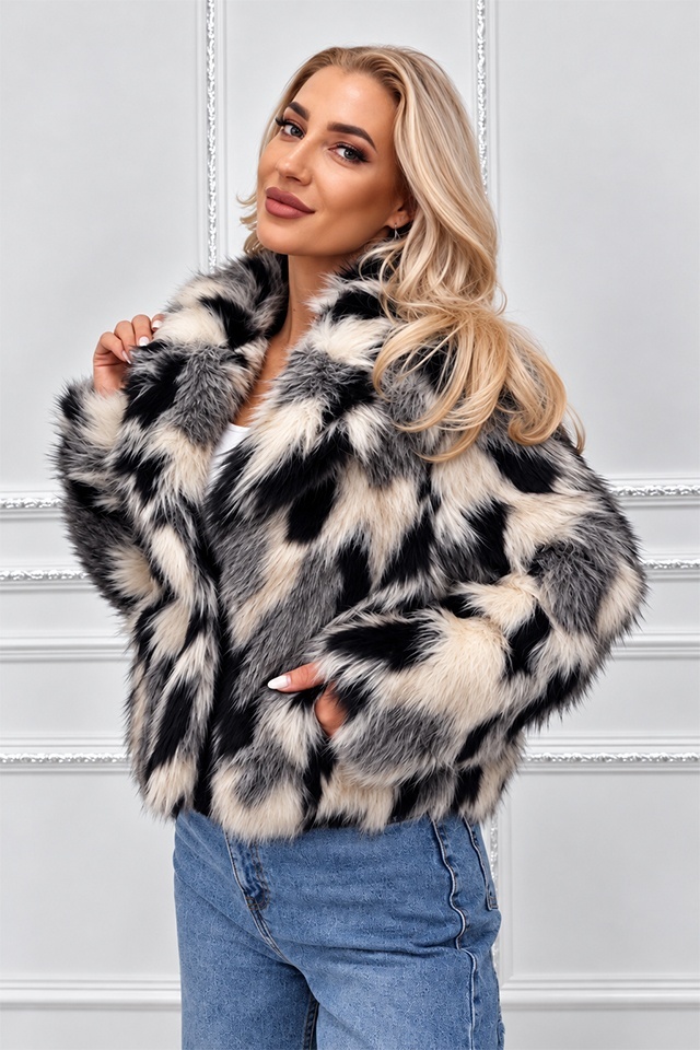 Blana animal print Ysolde din blana ecologica, cu interior satinat, Crem, Marime S/M — imaginea 5